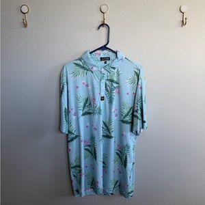 Bad Birdie Palm Print Polo Shirt - Green and Pink on White